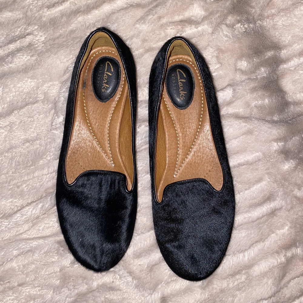 Clarks Artisan Real Fur Cow Shoes Black Flats 6M
